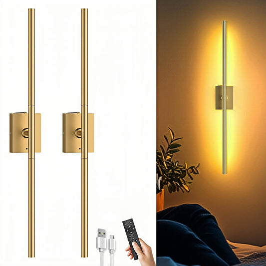 Battery Operated Wall Sconces Set Of Two: Dimmable Wireless Wall Lights With Remote  31.5Inch Led Rechargeable Sconces  360?Lighting Wall Scone Decor For Tv  Mirror  Bedroom  Living Room(Gold)