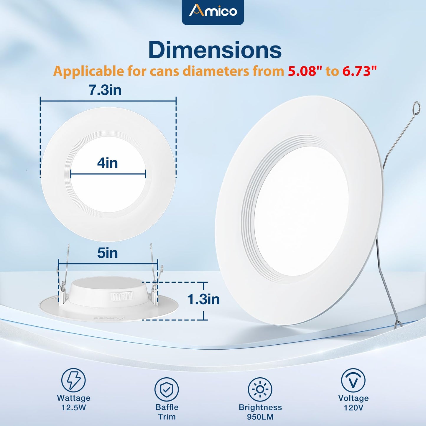 Amico 5/6 Inch 5Cct Led Recessed Lighting 36 Pack  Dimmable  Ic Rated  12.5W=100W  950Lm Can Lights With Baffle Trim  2700K/3000K/4000K/5000K/6000K Selectable  Retrofit Installation  Etl & Fcc