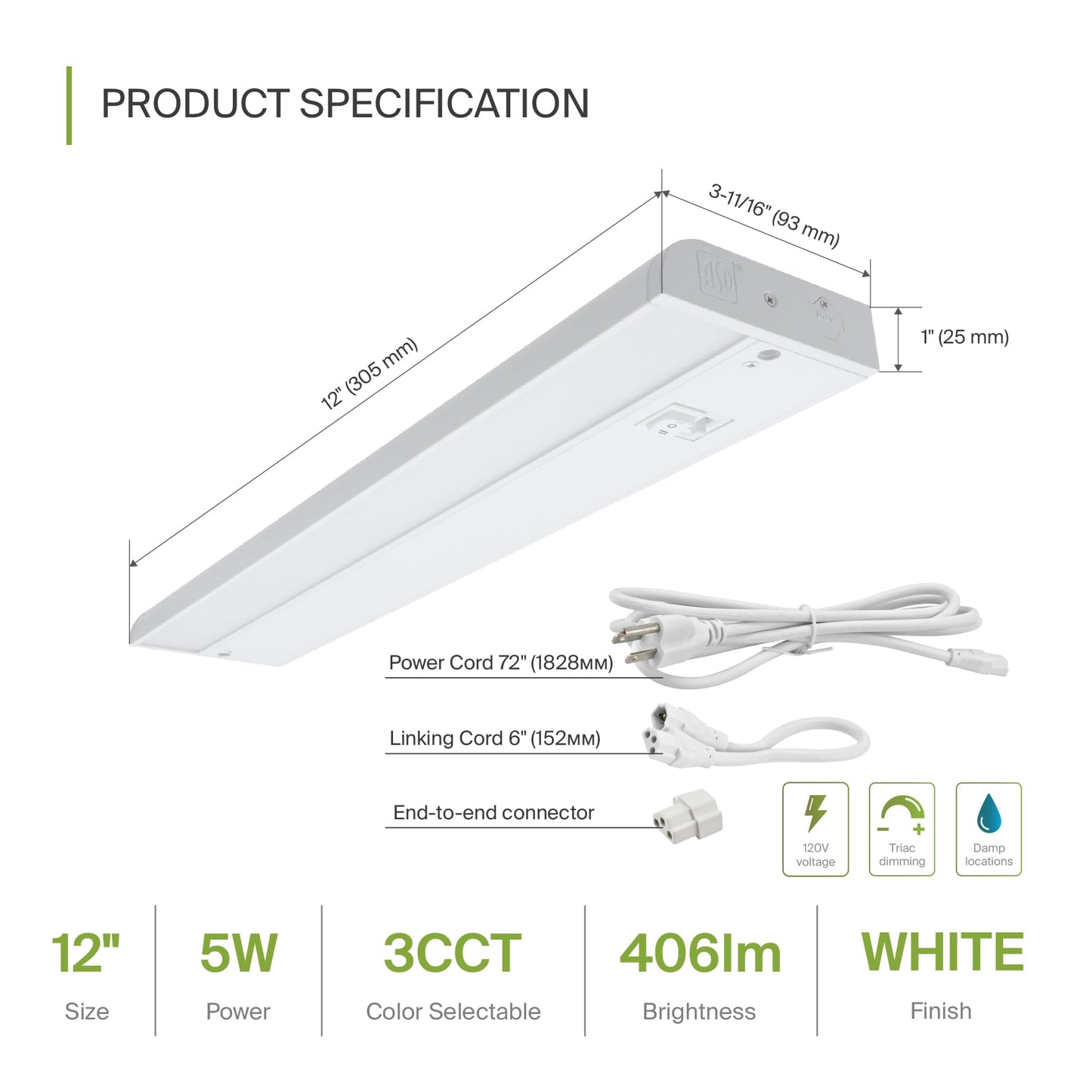 Asd Led Under Cabinet Lighting, 12 Inch, Dimmable, Hardwired/Plug-In, 3 Color Levels, Aluminum, White Finish, Model A-Ucl-12D5Cc-W