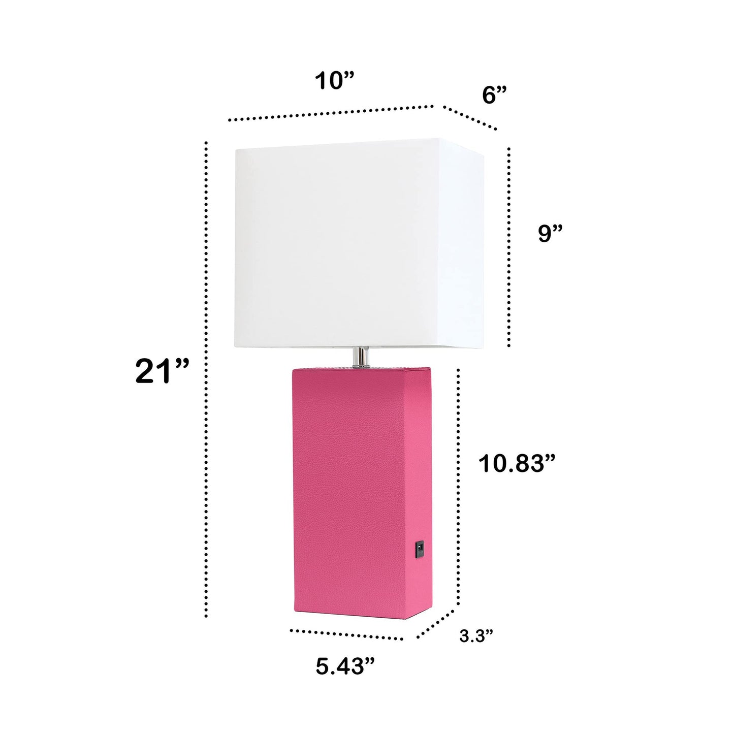 LALIA HOME Bedside Table Lamp with USB Charging Port, 21in, Hot Pink, MDF/Leather, Model LHT-3012