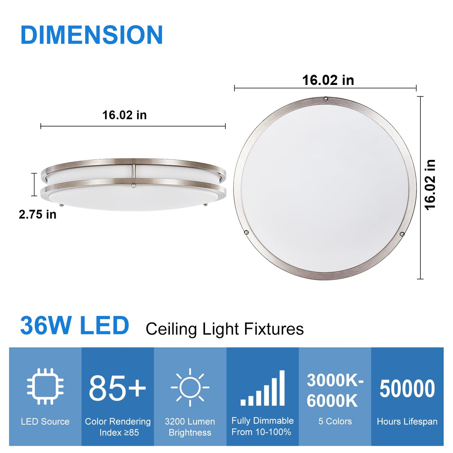 Dllt Flush Mount Led Ceiling Light: 16 Inch 5Cct (3000K-6000K) & Dimmable Ceiling Light Fixtures For Bedroom Hallway - 36W Modern Brushed Nickel Super Bright Kitchen Lighting Fixtures Ceiling