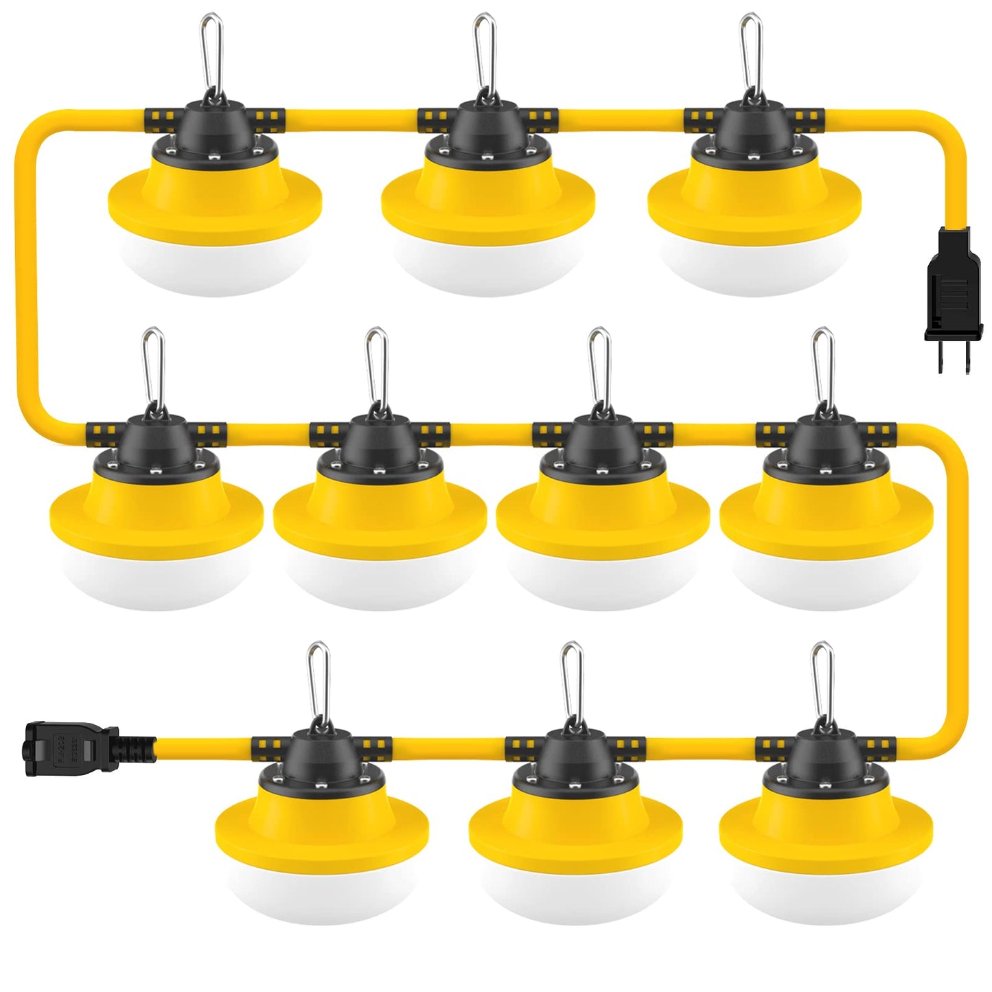Muasdae 100FT LED Construction String Lights, Yellow, 2 Prong, Durable for Outdoor Use, Free Climbing Hook Included