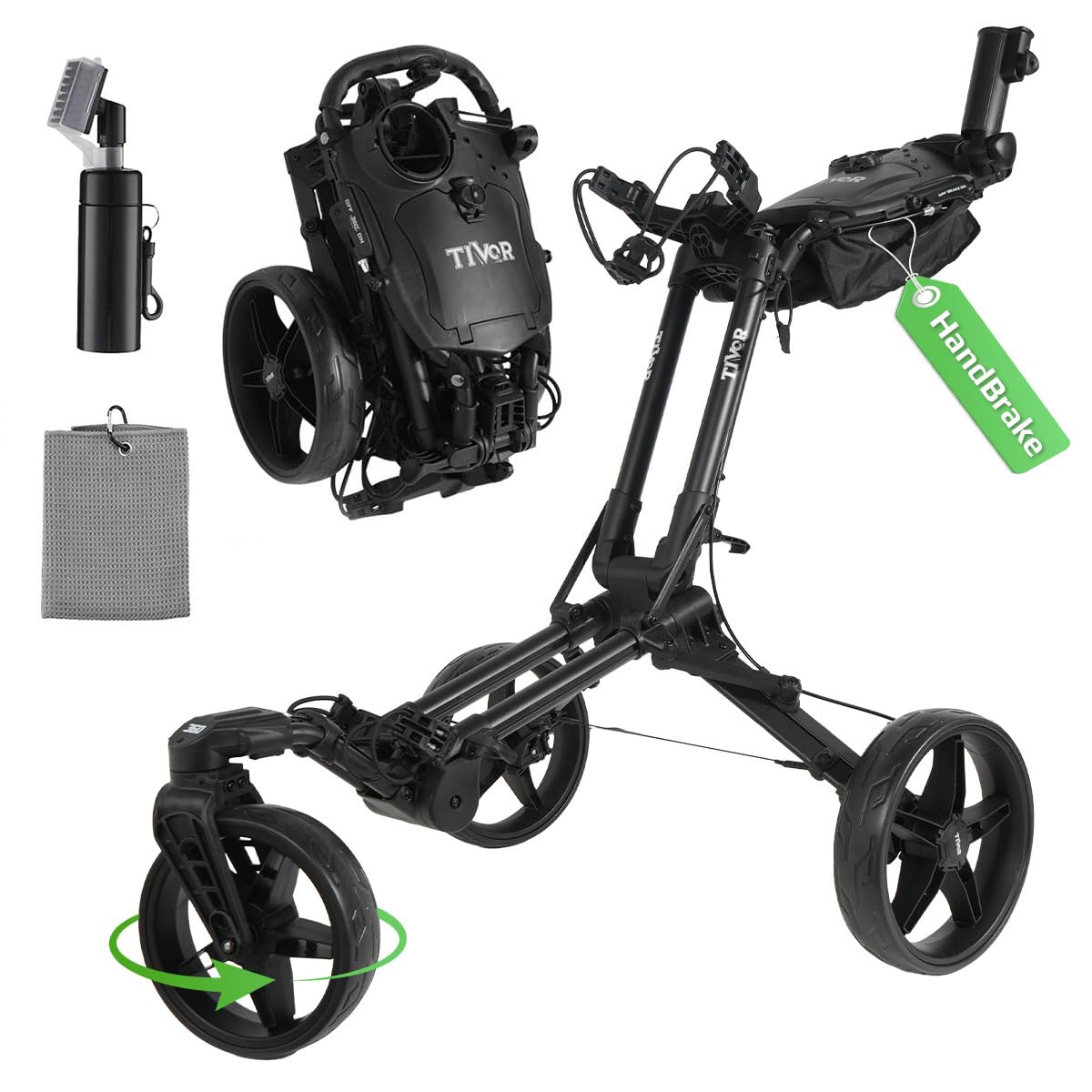 Golf Push Cart with 360° Front Wheels & Handbrake,Tivor 3 Wheel Pull Cart Offers One-Click Folding and All-Terrain Mobility