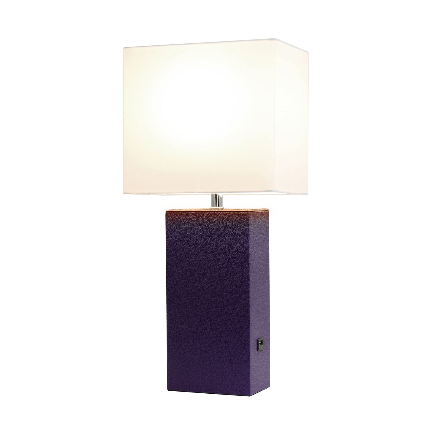 LALIA HOME Lexington 21in Leather Base Bedside Table Lamp, USB Charging Port, Eggplant Purple, Model LHT-3012