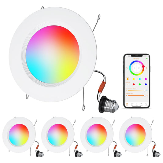 Hydong Smart Recessed Lighting  5/6 Inch  Compatible With Alexa  Smart Led Downlight  13W 1050Lm Led Lights  Smart Can Lights Multicolor App Dimmable  4-Pack