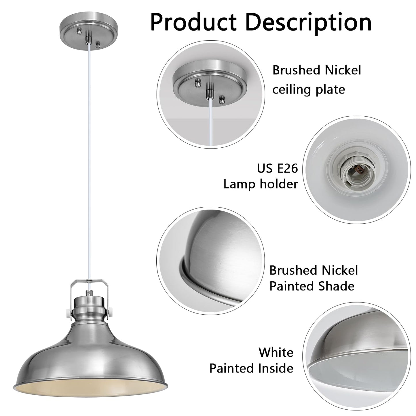 Alaislyc Brushed Nickel Farmhouse Pendant Lights Matte Pendant Lighting For Kitchen Island Industrial Adjustable Height Vintage Dome Hanging Light Fixtures For Barn  Dining Room 2 Packs
