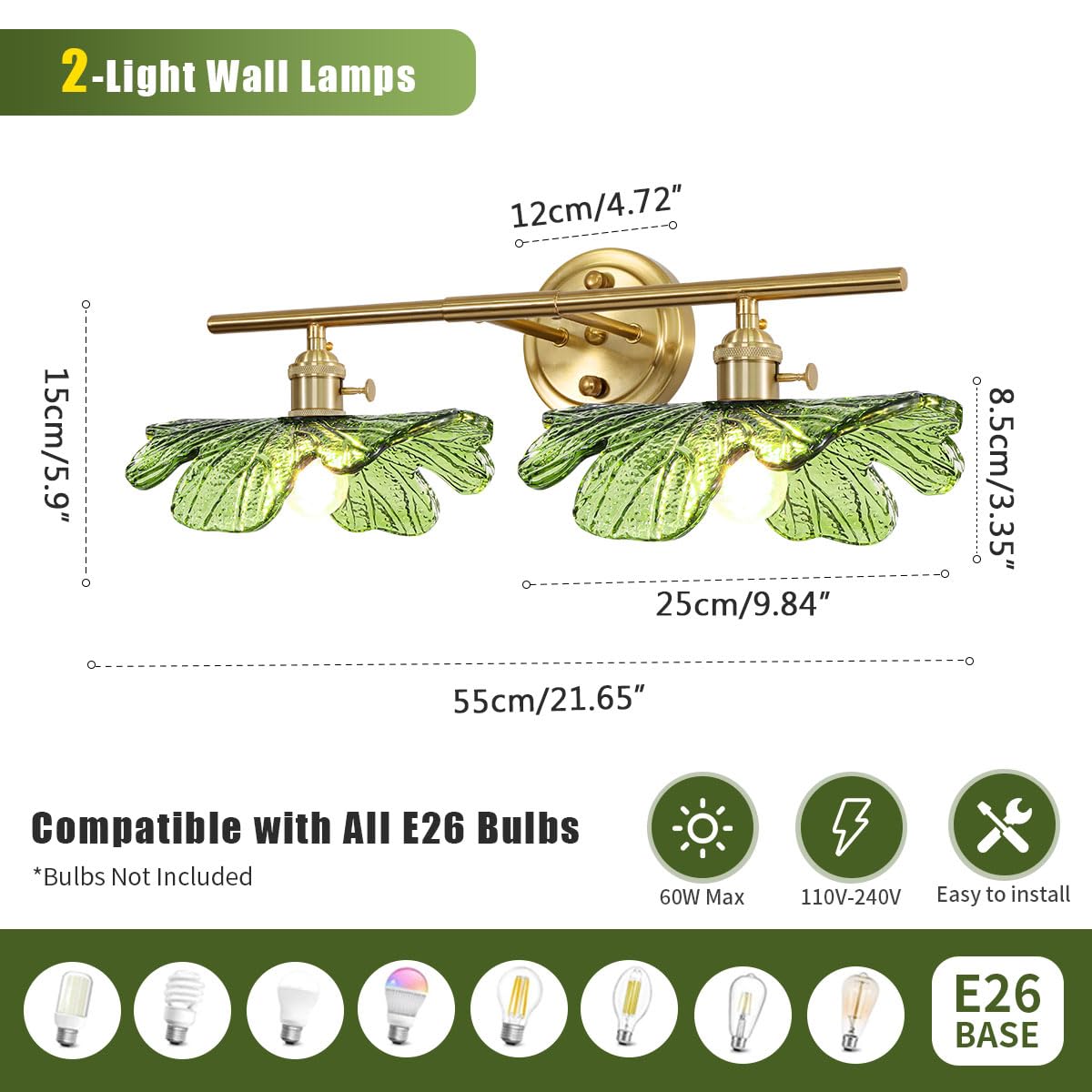 Auwieou 2 Light Bathroom Lighting Fixtures Over Mirror  Vintage Wall Sconces With Glass Shade Green Vanity Lights Mid Century Wall Sconce Light Gold Wall Lighting For Bedroom Living Room Hallway