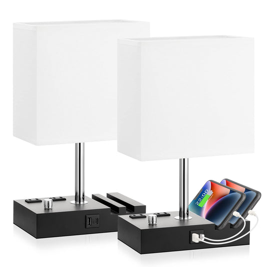 Kakanuo Bedside Lamps Set of 2, Fully Dimmable, USB C Ports, Wooden, White Shade