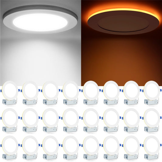 Meconard 24 Pack 6 Inch 5Cct Led Recessed Ceiling Light With Night Light  2700K/3000K/3500K/4000K/5000K Selectable Ultra-Thin Lighting  12W=110W  1050Lm  Dimmable Canless Wafer Downlight Etl&Fcc
