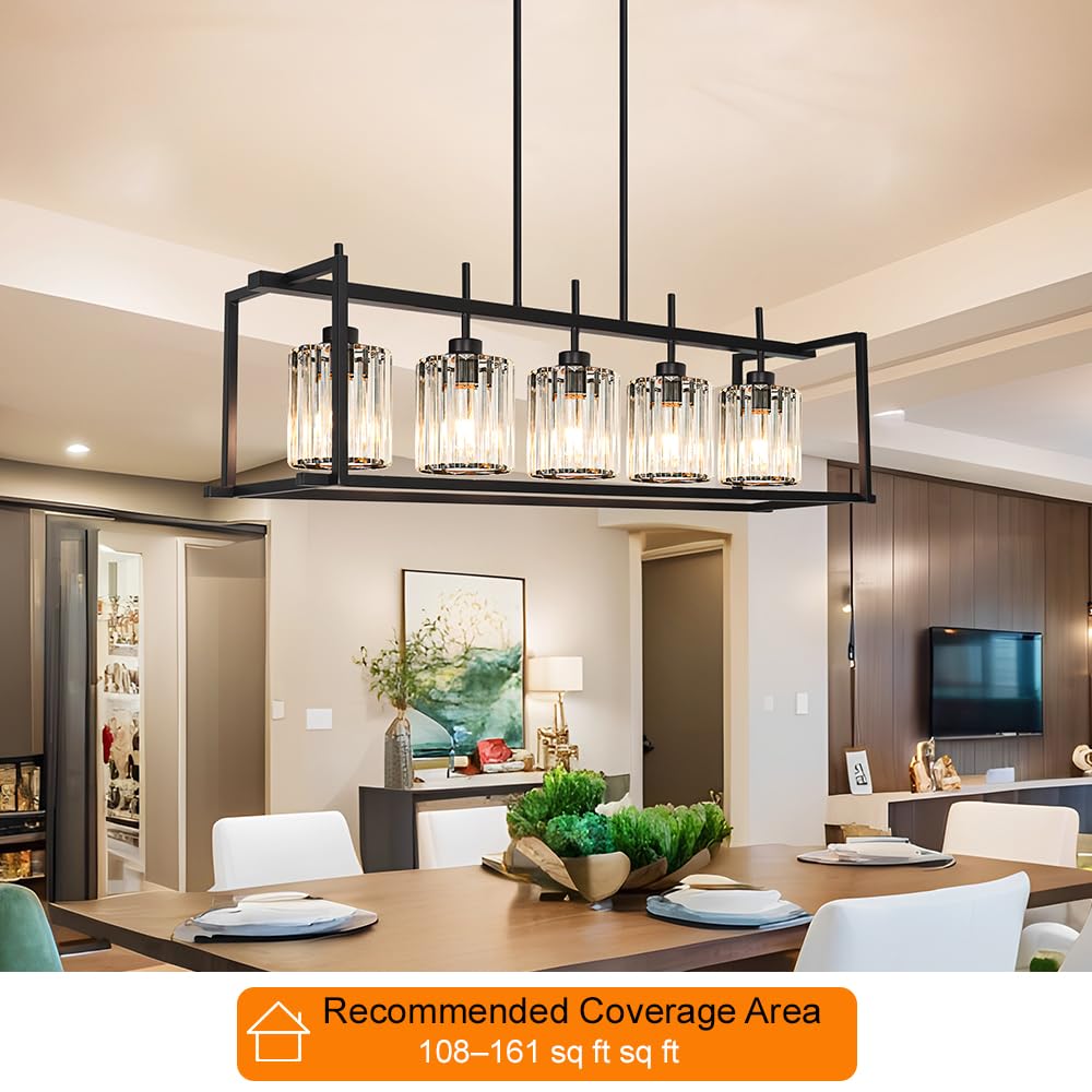 Dsmjfu Black Farmhouse Rectangular Chandelier For Dining Room  5-Light Linear Pendant Lighting  Rectangular Kitchen Island Light With Crystal Shades  Adjustable Height Rectangle Hanging Lighting