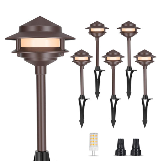 Gardencoin Pagoda Low Voltage Landscape Pathway Lights  12V Outdoor Led Path Lights Wired  Aluminum Walkway Lighting With 4W 2700K Replaceable G4 Bulb  Bronze Classic 2-Tier Lantern  6 Pack