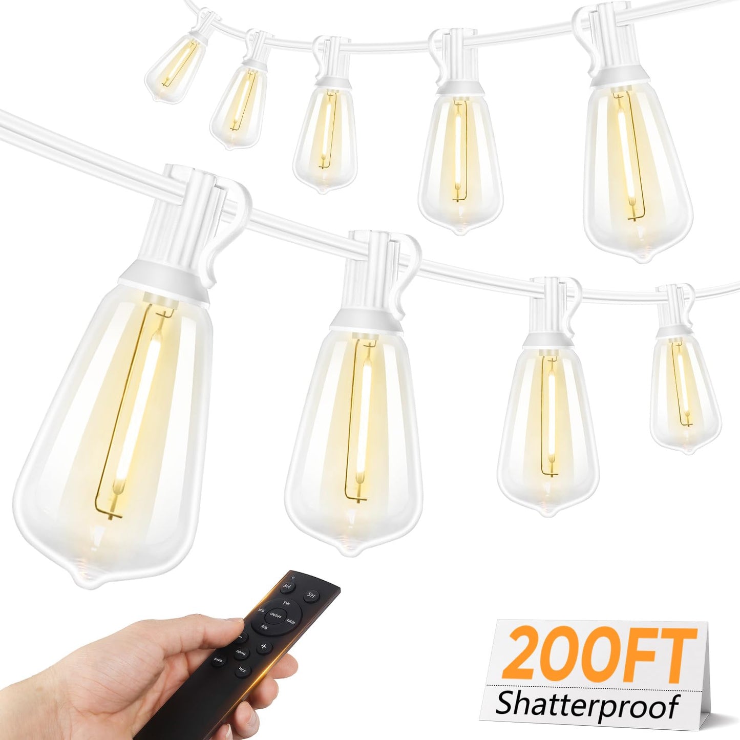 Brightever Outdoor String Lights With Remote  200Ft Led Patio Lights With 62 St38 Led Filament Bulbs  3 Lighting Modes  3H/5H Timer  Waterproof Ip65 String Light For Outside  E12 Socket Base  White