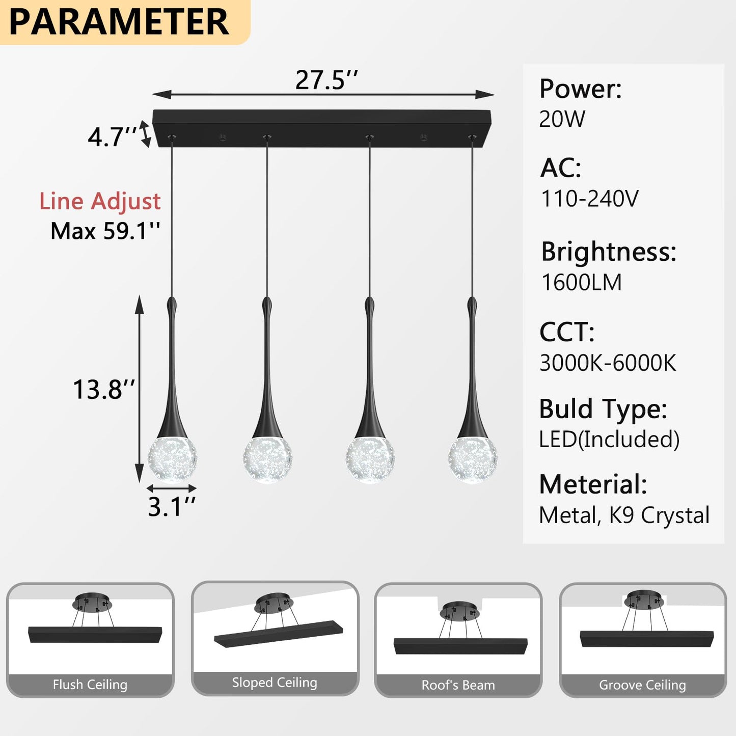 4-Lights Modern Pendant Lights For Kitchen Island Led Dimmable Crystal Glam Ceiling Pendant Lighting Chandelier For Dining Room Hallway Bedroom Black