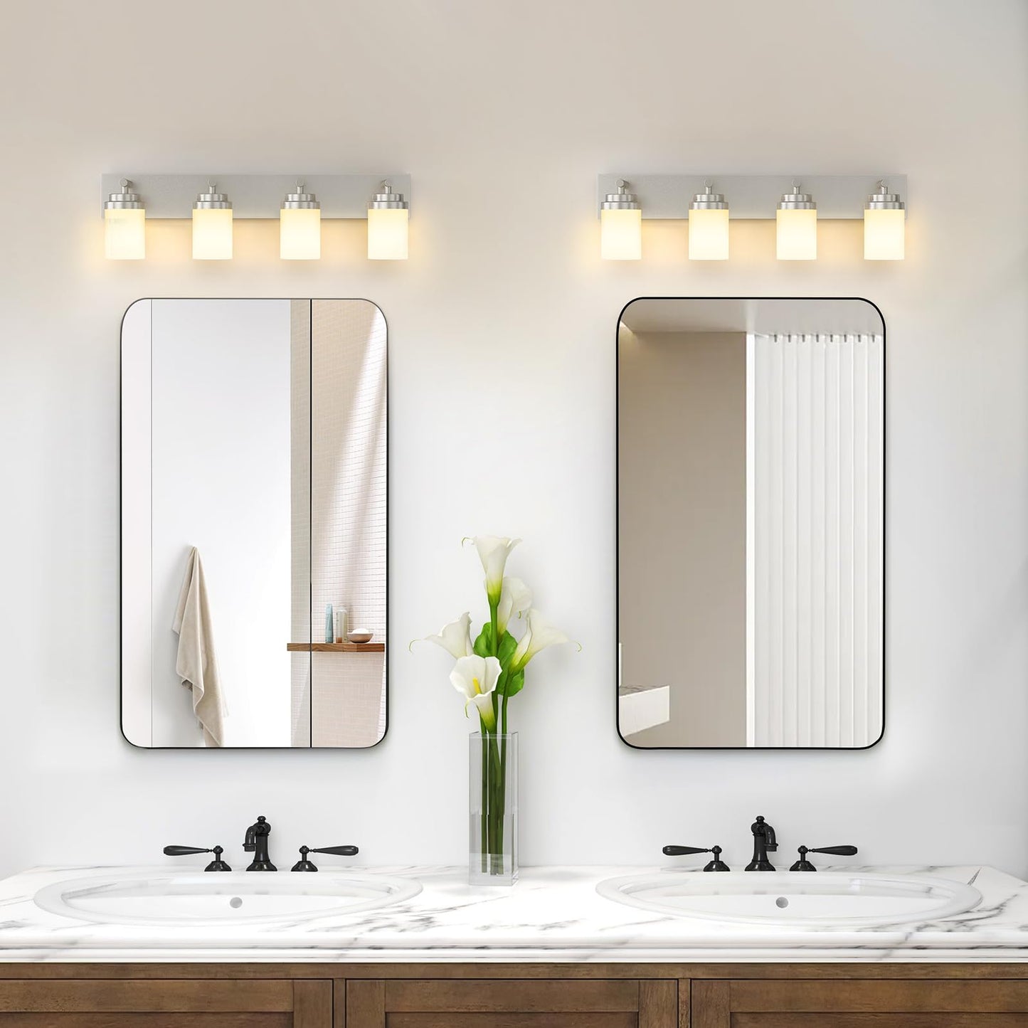 Izorro Bathroom Vanity Light Fixture  4-Light 27.5 Inch Brushed Nickel Bathroom Light Fixtures Over Mirror  With White Glass Shade  Modern Farmhouse Vanity Lights  Rustic Restroom Lighting Fixtures