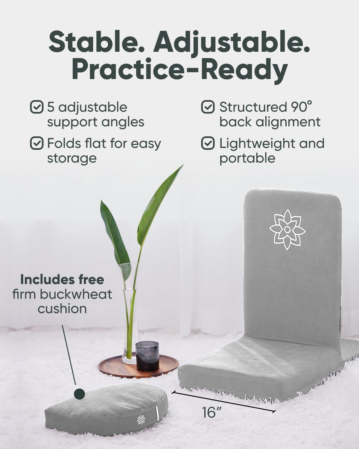 Mindful Modern Folding Pro Meditation Chair - Adjustable Meditation Seat with Back Support and Half Moon Buckwheat Meditation Cushion - Comfortable Mindfulness Living Room Floor Chair