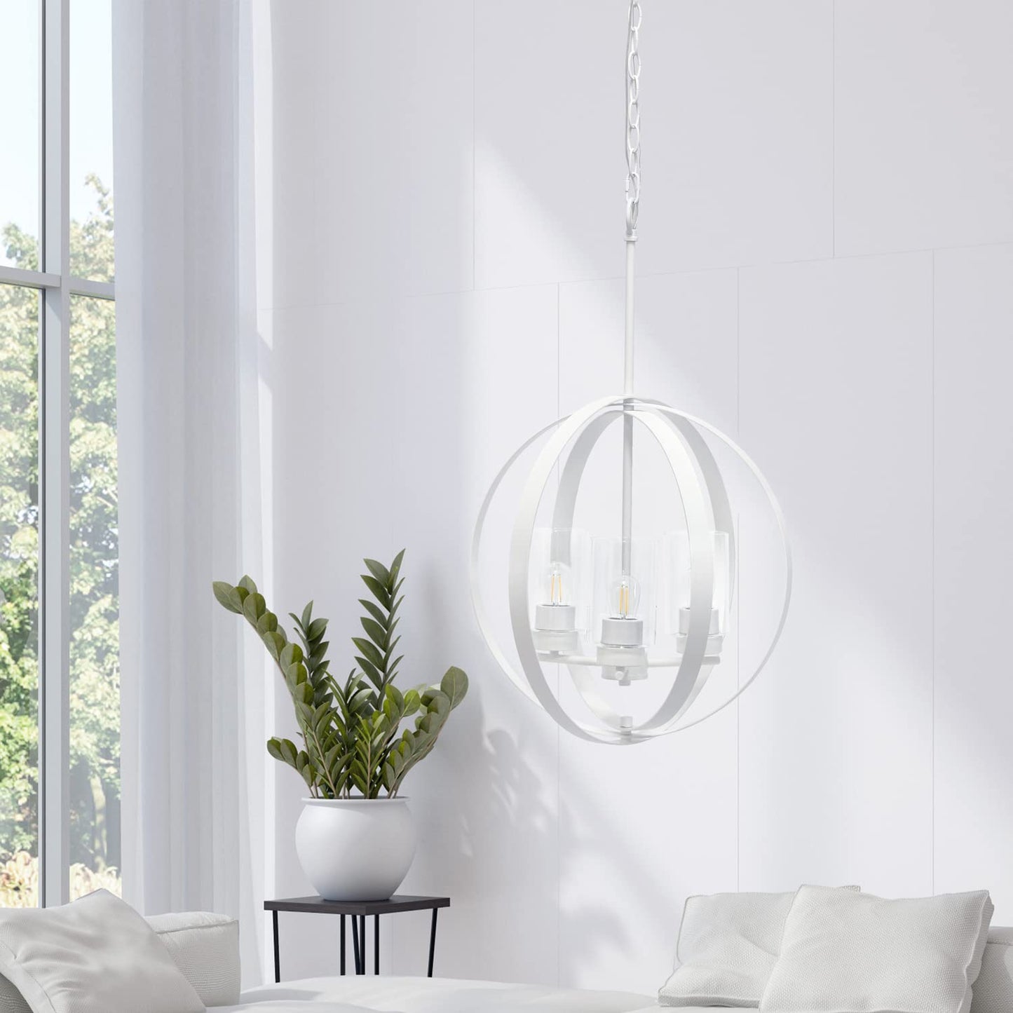 LALIA HOME 3-Light Industrial Globe Pendant Light, 18in Adjustable, Iron & Glass, White, Model 1270-LHP-3010-WH