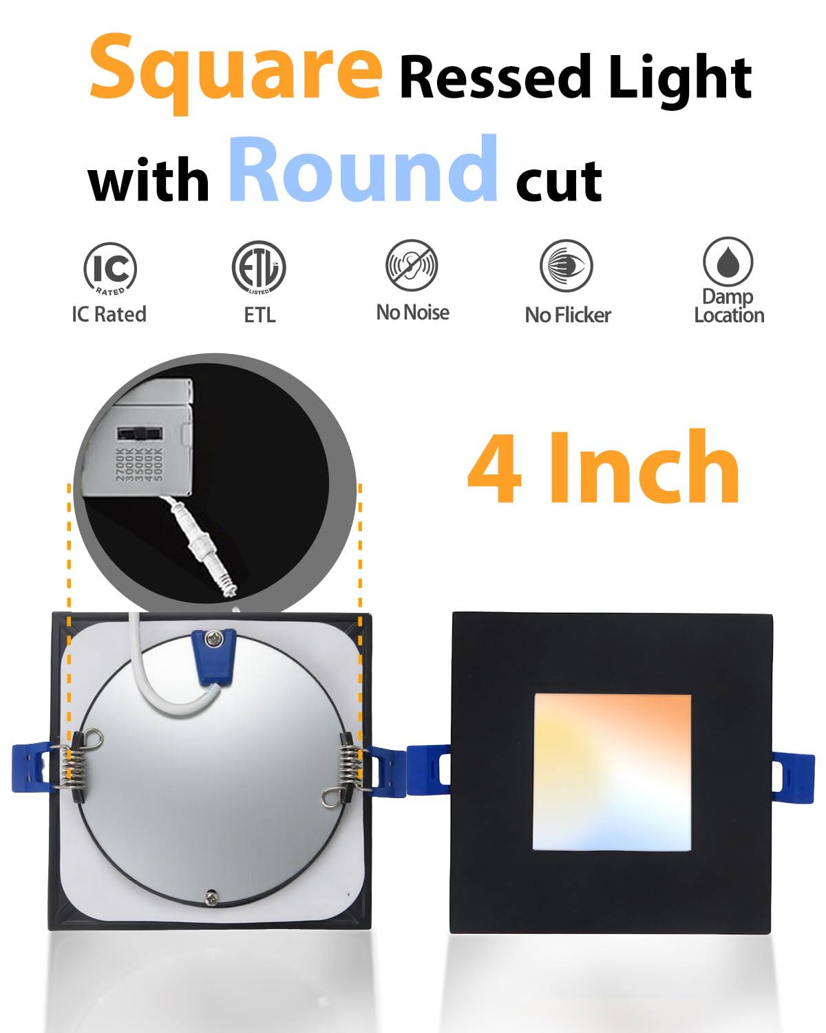 Adetu 4 Inch Square Led Recessed Lighting Black 5Cct Ultra Thin Square Led Ceiling Light With Junction Box 2700K-5000K  10W 860Lm Can-reduceer Wafer Downlight Etl And Energy Star Certified