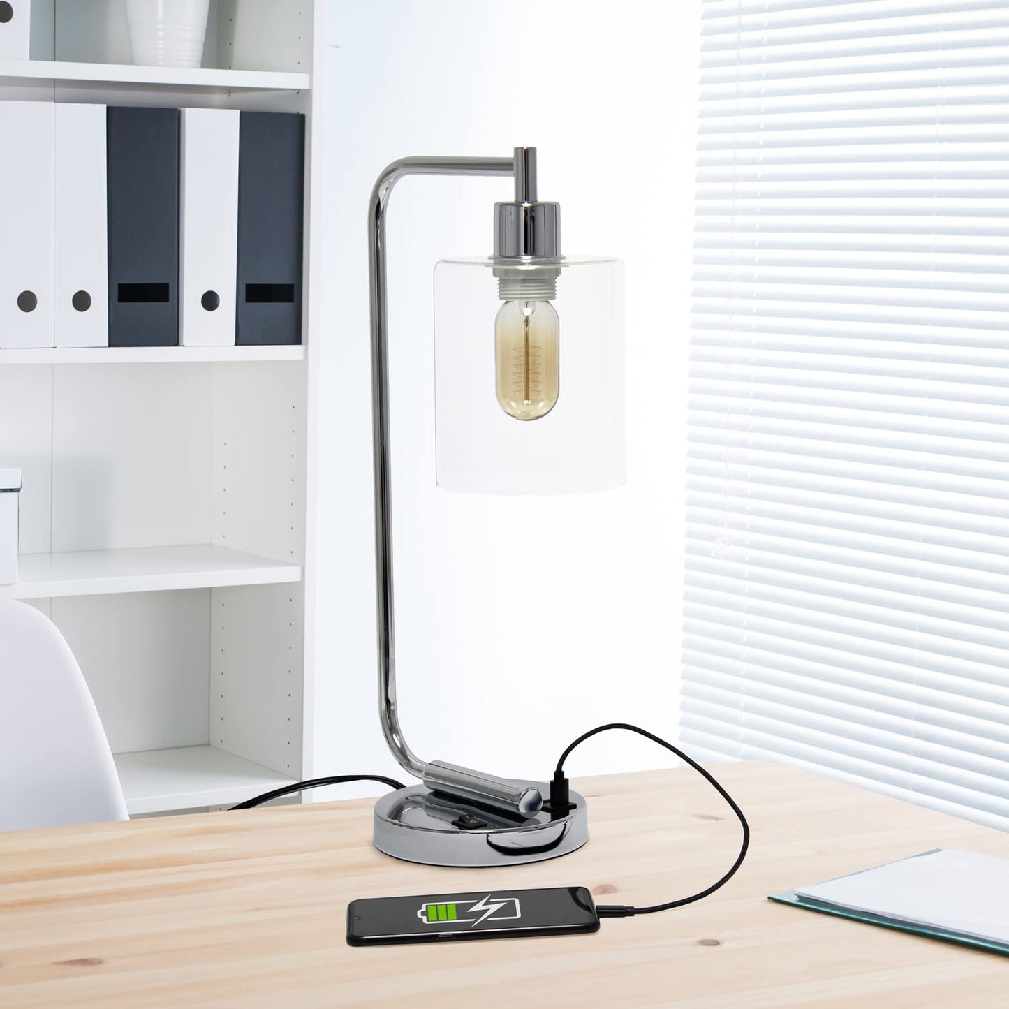 Simple Designs Industrial Iron Lantern Desk Lamp with Dual USB Ports, Chrome, Model LD1066-CHR, USB-No Bulb