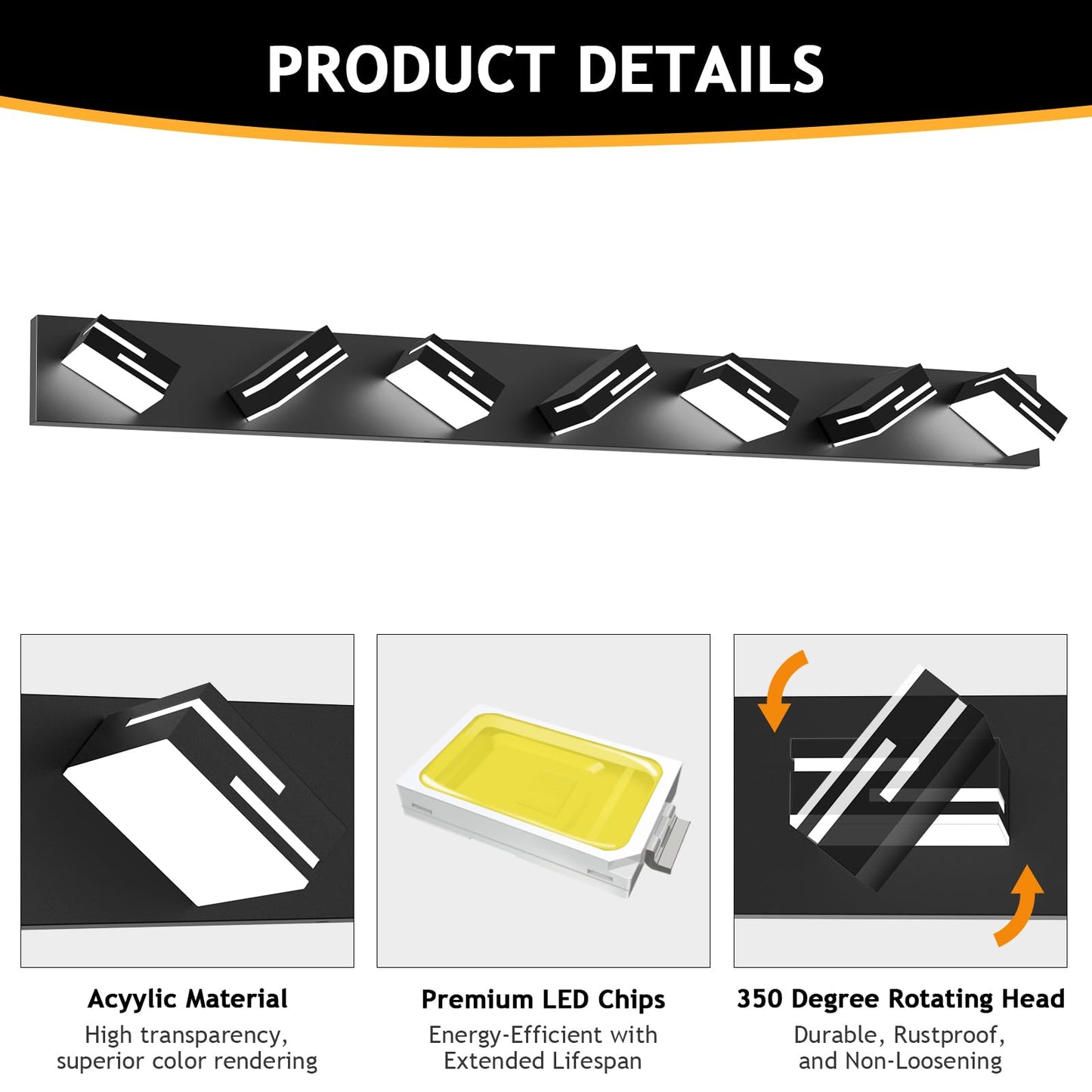 Lkhf Led Modern Bathroom Vanity Light Fixtures 7-Light 5Cct Dimmable Matte Black Vanity Lights For Bathroom Lighting Fixtures Over Mirror  With 350?Rotatable Acrylic Heads  48-Inch