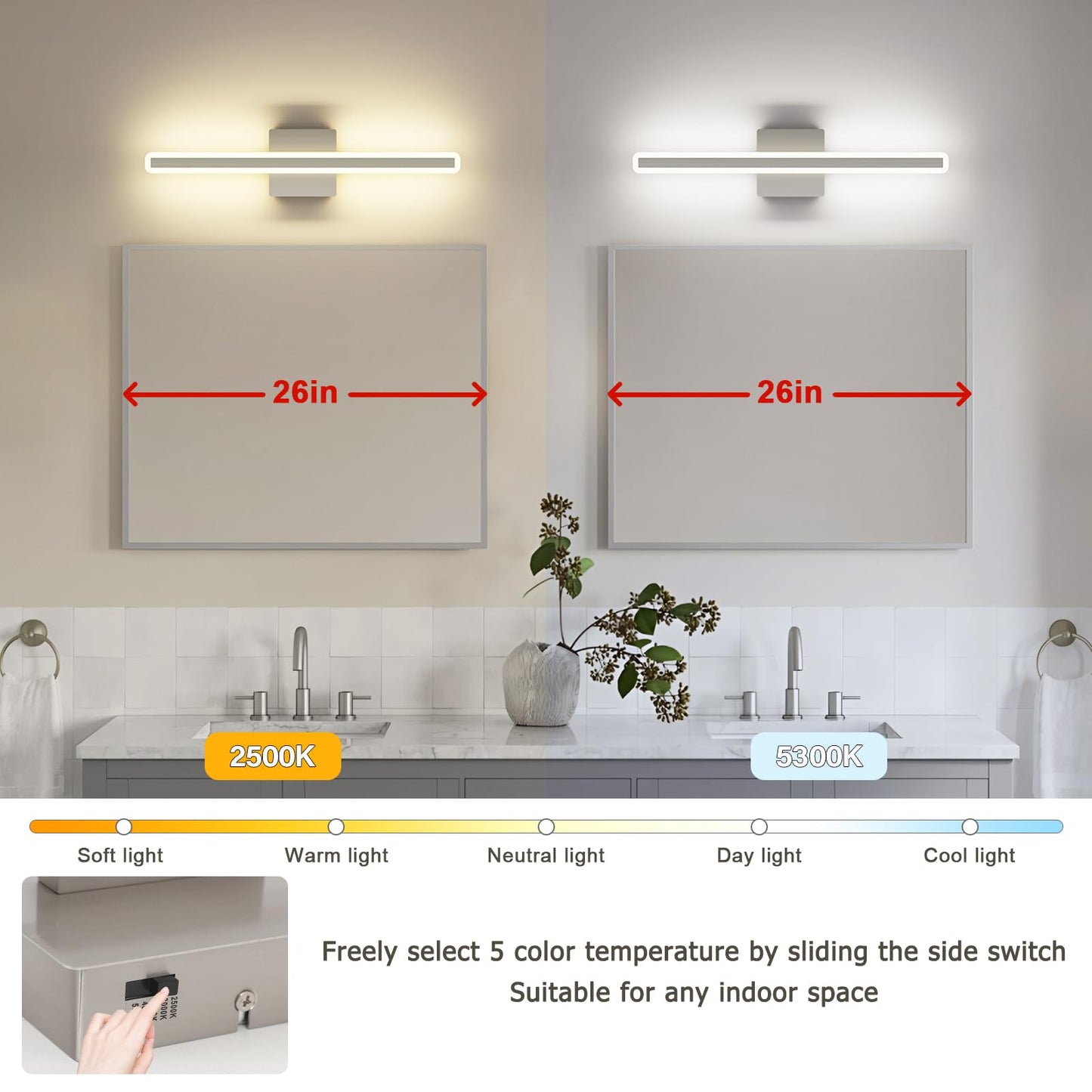 Jusheng Brushed Nickel Vanity Lights For Bathroom  5Cct Dimmable Vanity Light Bar  Modern Led Bathroom Lighting Fixtures Above Mirror 24 Inch 20W