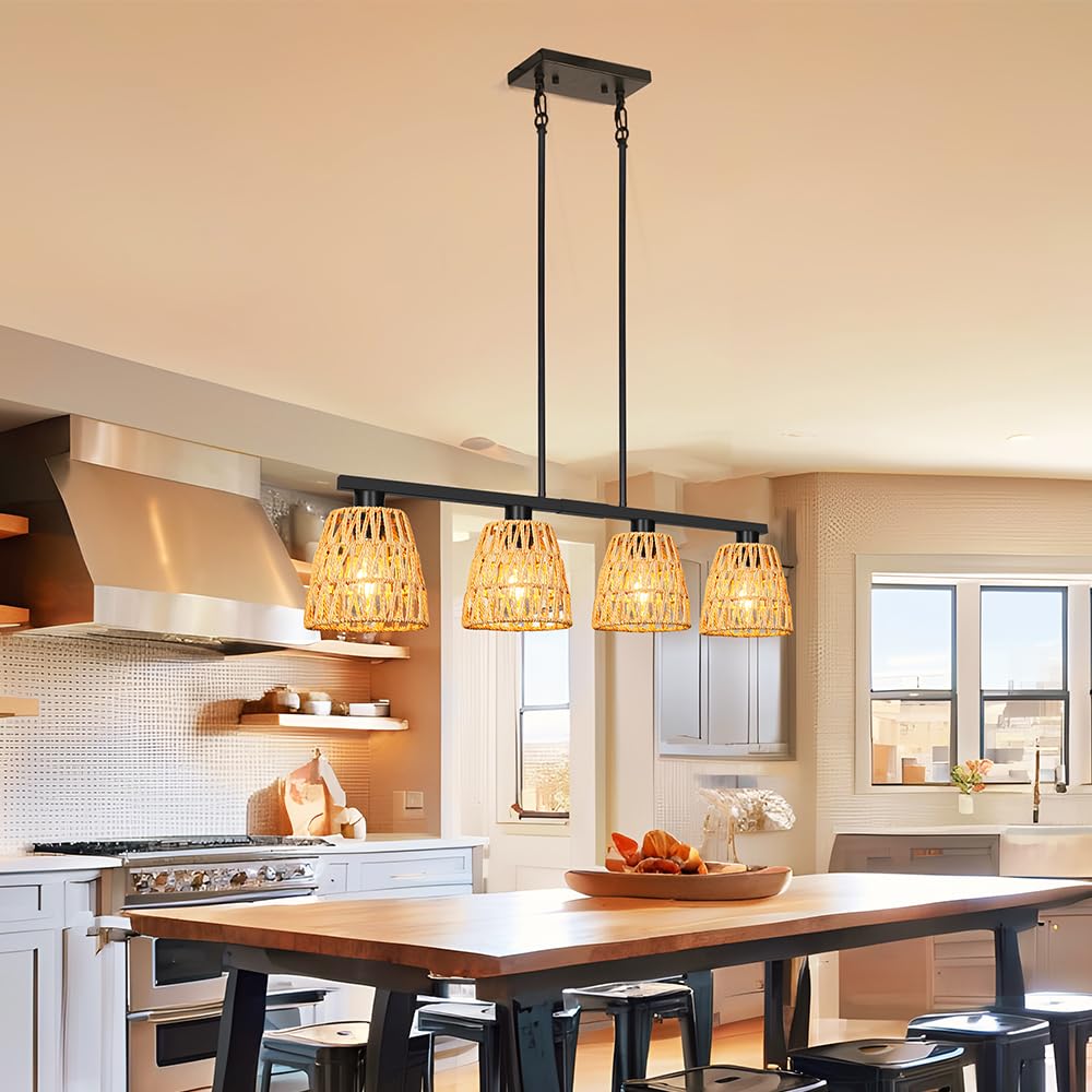 Black 4-Light Kitchen Island Lighting  Boho Rattan Dining Room Light Fixture  Farmhouse Island Light For Kitchen With Shade  Adjustable Linear Chandelier Pendant Lights Kitchen Island Over Bars  Table