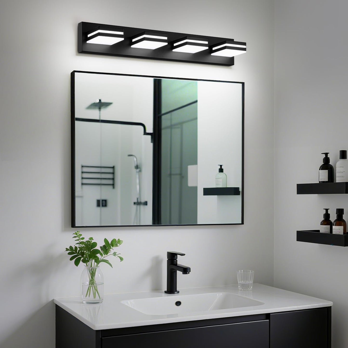 Jzekvn Modern Led Bathroom Lights Fixtures(4-Light) Metal Black Acrylic Wall Lighting Vanity Lights For Bathroom Over Mirror(6000K 27In