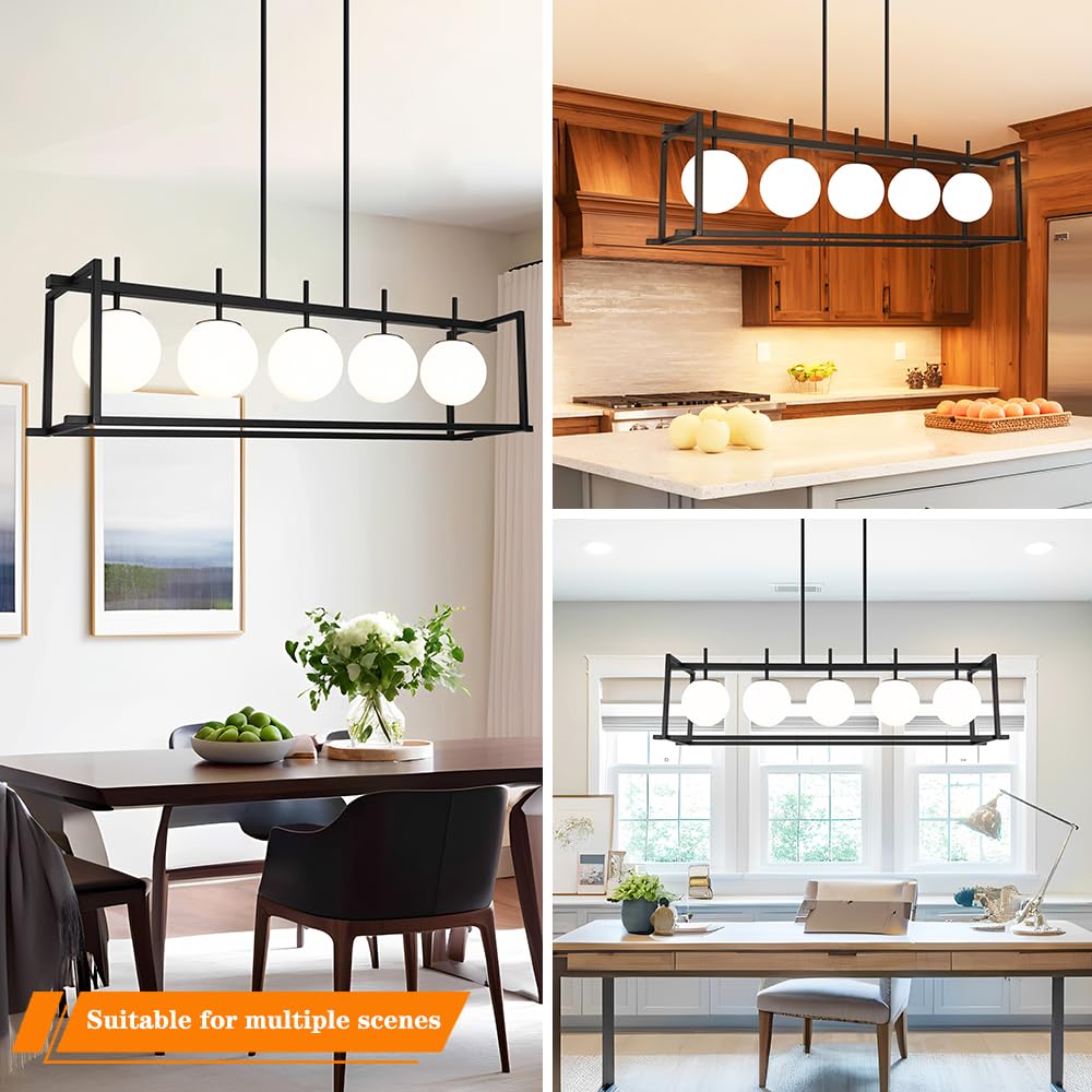 Dsmjfu Black Farmhouse Rectangular Chandelier For Dining Room  5-Light Linear Pendant Lighting  Rectangular Kitchen Island Light With Milky White Glass Ball Shades  Adjustable Height Hanging Lighting