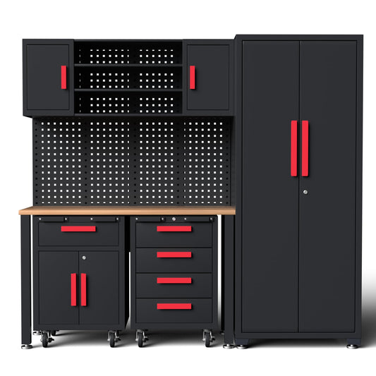 Tsnritor Garage Cabinets Storage System, 6PCS Workshop Set with Steel Cabinet Drawers, Rolling Chest, Workbench, Pegboard for Tool Organization,Grey Red