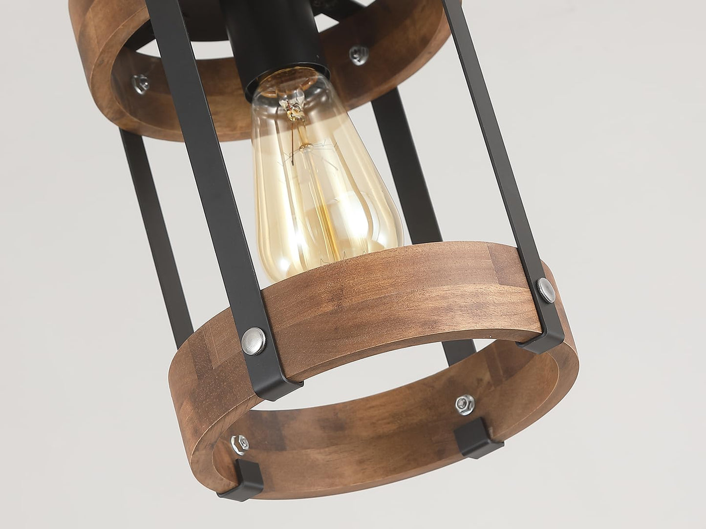 2 Pack Rustic Farmhouse Wood Pendant Light Fixture One-Light Adjustable Chain Oak Wood And Metal Drum Cage Small Pendant Lighting For Kitchen Island Sink Hallway Farmhouse Bathroom Bar  Black
