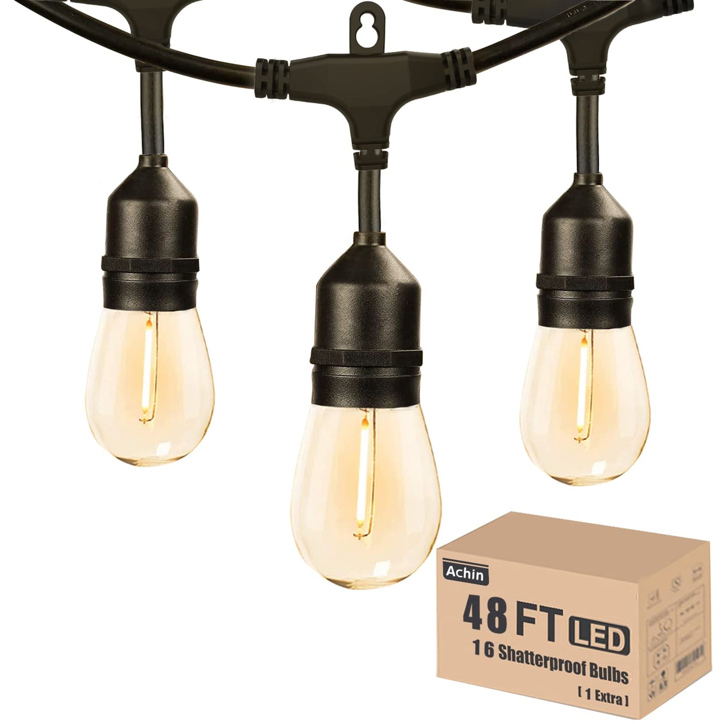 Achin Outdoor String Lights 48FT Dimmable Warm White 2200K LED Shatterproof with 16 Bulbs, Waterproof, Model OTS4815-TS20B1-S142