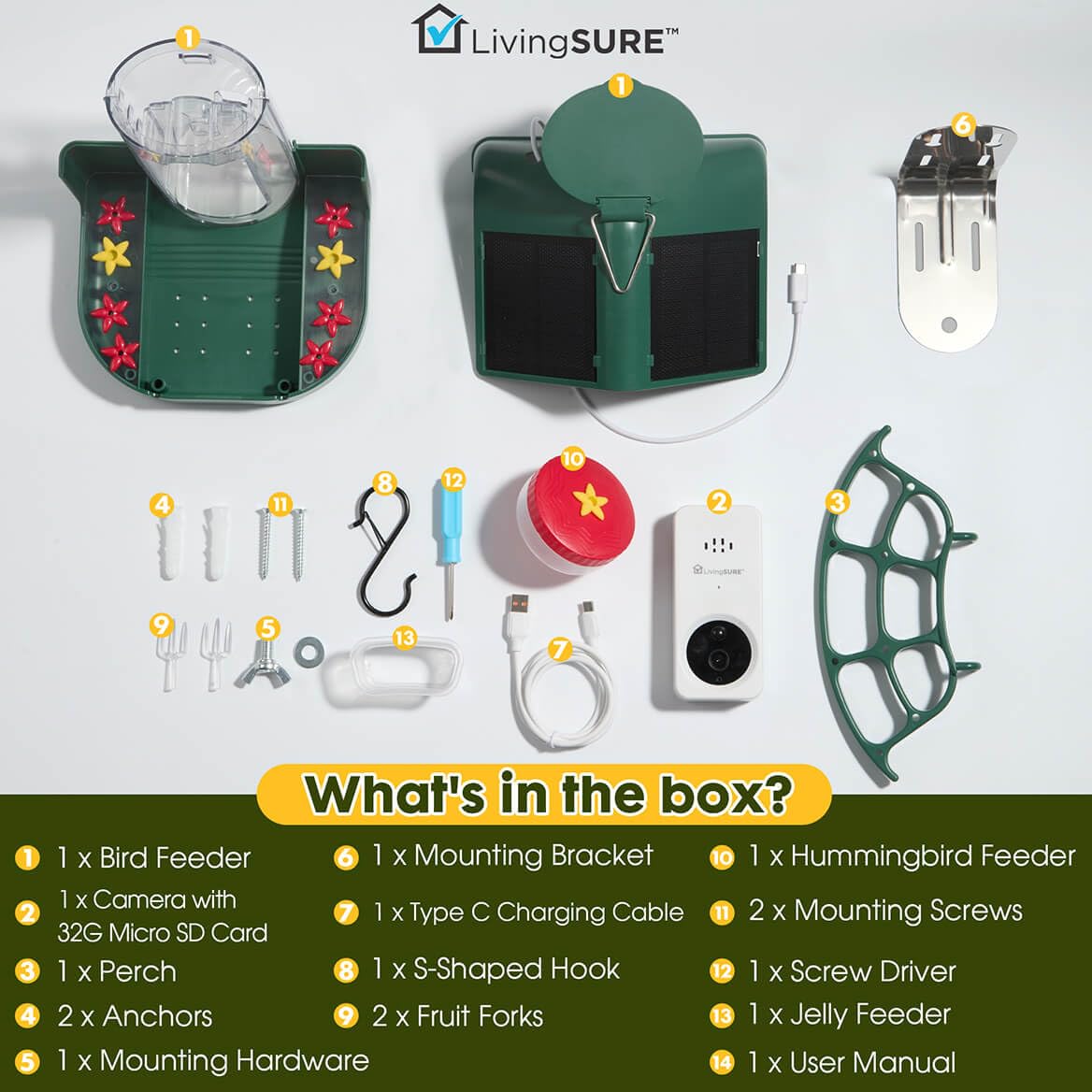 LivingSURE 2-in-1 Smart Bird Feeder with Camera Outdoor Solar Powered Smart Birdfeeder Live Stream Video Camera with AI Recognition for Outside Wild Birds Garden Decor - Bird Lover Gifts