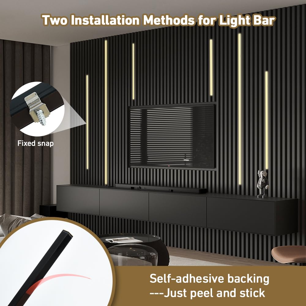 Cubitor Led Recessed Lighting Kit 6 Pack Self-Adhesive Led Light Bar  Warm White 3000K  With Touching Switch  For Wood Slat Wall Panels Indoor Wall Home Decor. Black Channel 2Pcs*(16In+24In+40In)
