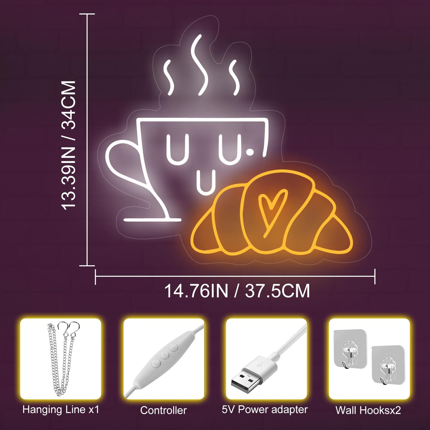 Coffee & Croissant Led Neon Sign  Custom Bakery Shop Bakery Decoration Neon Light Coffee Cup Home Bar Wall Decor Coffee Lover Gift For Family Party Bedroom Restaurant Bar Birthday
