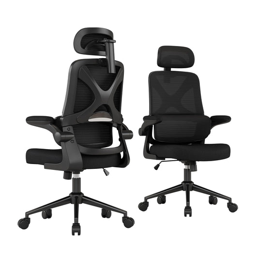 Ergonomic Office Chair - Desk Chair with Adjustable Headrest Lumbar Support Computer Chair - Mesh Comfy Chair with Flip-up Armrests - Gaming Chairs for Adults Home Office (Black+Black)