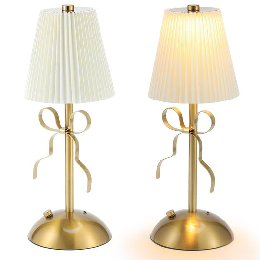 Kittmip 2 Pack Small Gold Bow Table Lamp 12 Inch For GirlS Bedroom Cute Coquette Bow Table Lamp With Fabric Shade Modern Decorative Bedside Light Small Princess Desk Lighting Boho Living Room(White)