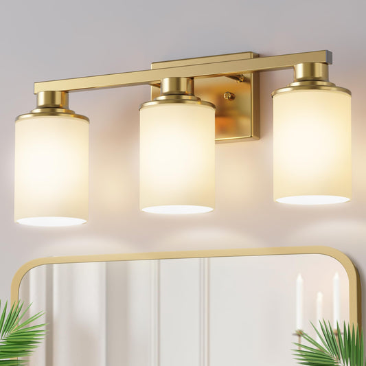 Doresshop 17 Inch Bathroom Light Fixtures  3-Light Brass Bathroom Lighting Fixtures Over Mirror With Milk Glass Shade  Vanity Lights For Living Room Bedroom