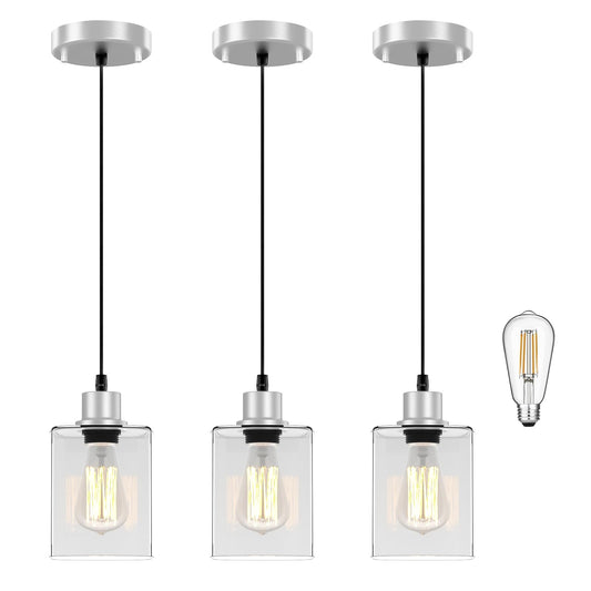 Pendant Light Kitchen Island Lighting 3 Pcs  With Bulb & Clear Glass Shade - 59 Inch Hanging Cord Farmhouse Hanging Lighting Fixture For Dining Room Bedroom Hallway - Brushed Nickel