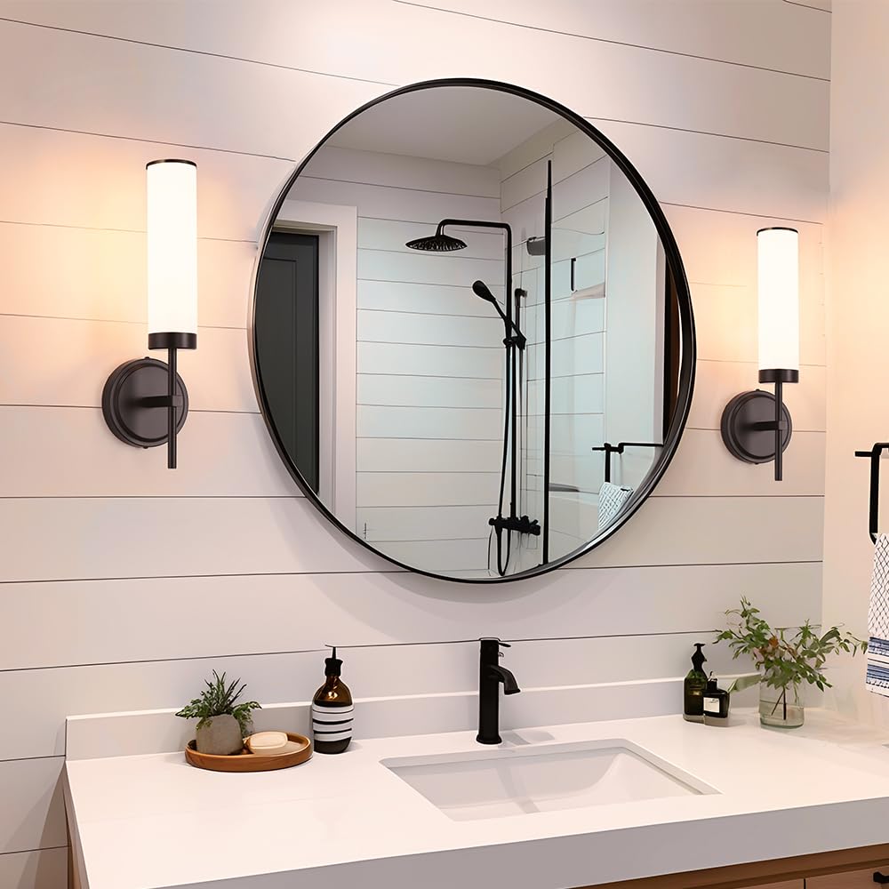 Matte Black Wall Sconces Set Of 2  Modern Bathroom Sconces Wall Lighting With Opal White Glass  Vanity Light Fixtures For Bathroom  Wall Mount Lights For Living Room Bedroom Hallway  Hardwired