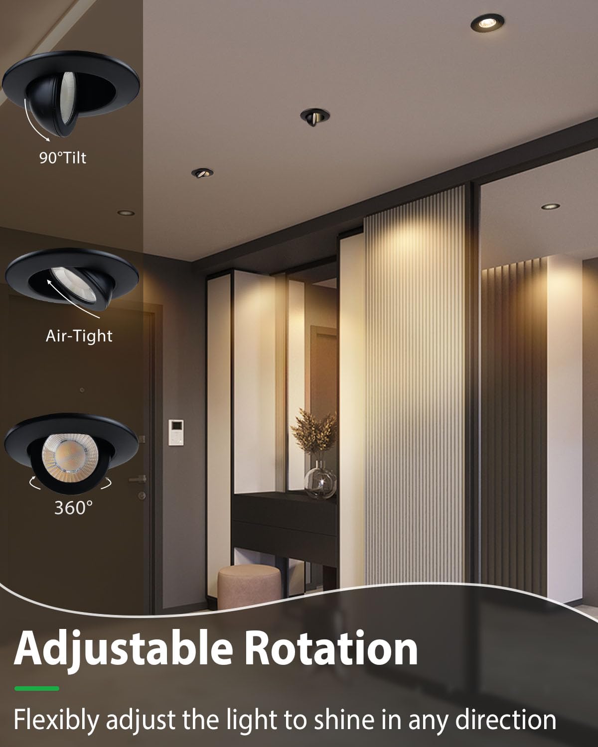 Zouzai 3 Inch 5Cct Gimbal Black Led Recessed Lighting With Junction Box  2700K/3000K/3500K/4000K/5000K  7W Eqv 80W  360+90 Adjustable Led Recessed Lights  798Lm Brightness - Etl (Black  6 Pack)