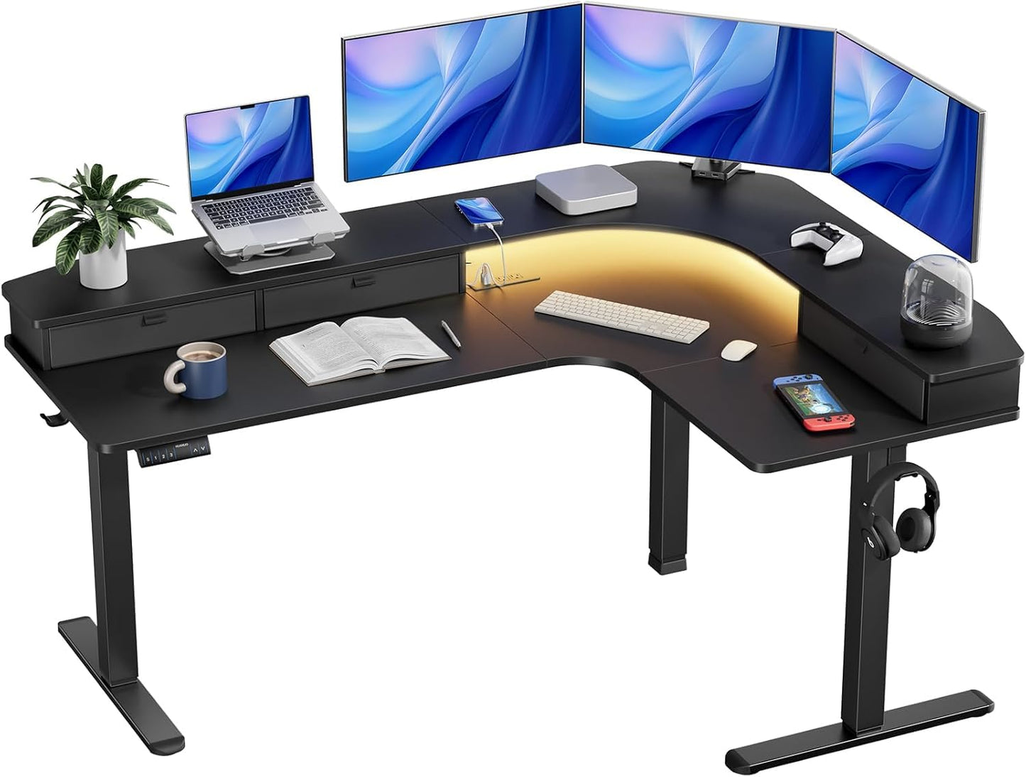 HUANUO 65″ L-Shaped Standing Desk with Power Outlets & LED Strip, Electric Height Adjustable Corner Computer Desk, Sit Stand Up Desk with 3 Drawers, Black