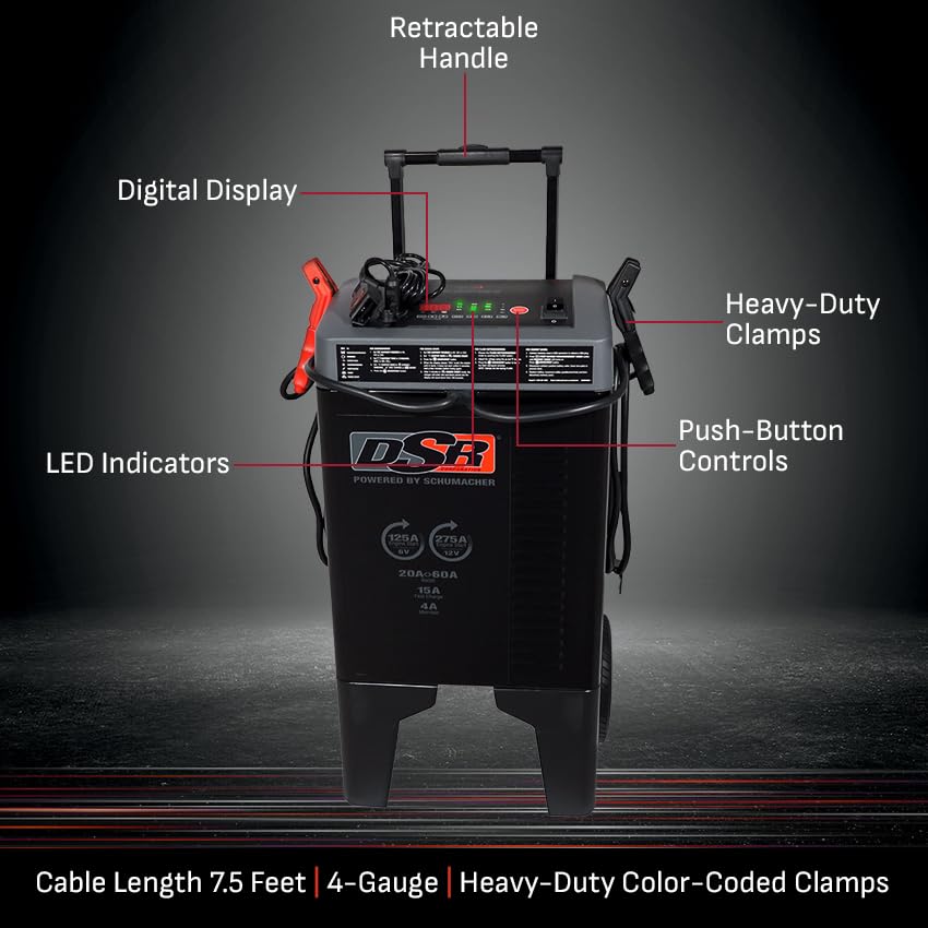 Schumacher DSR ProSeries Wheeled Battery Charger/Trickle Charger/Desulfator/Booster/Engine Starter - 6/12 Volt, 125/275 Amp, Model Number DSR122