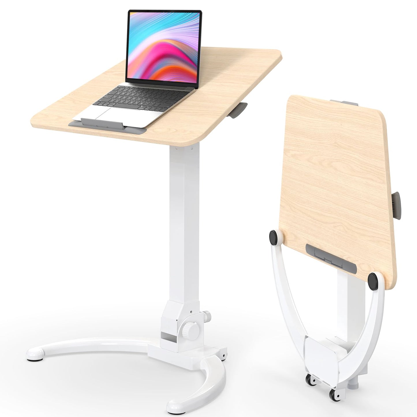 JOY worker Foldable Mobile Standing Desk, Pneumatic Height Adjustable Sit Stand Desk, 90° Tiltable Rolling Laptop Desk, Portable Cart with Wheels Non-Slip Mat for Home Office, Holds Up to 22lbs