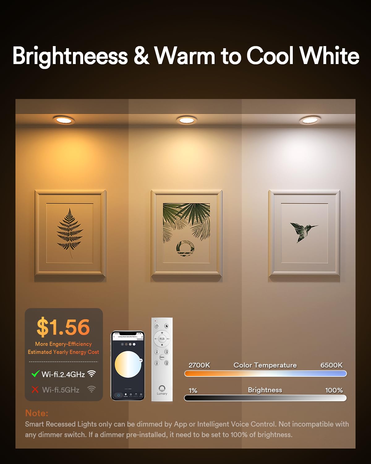 Lumary 6 Inch Smart Wifi Recessed Lighting  Rgbww Canless Led Wafer Downlight  13W 1000Lm Color Changing  Ultra-Thin W/Anti-Glare Baffle  Compatible With Alexa/Google/Remote-Included  1Pc