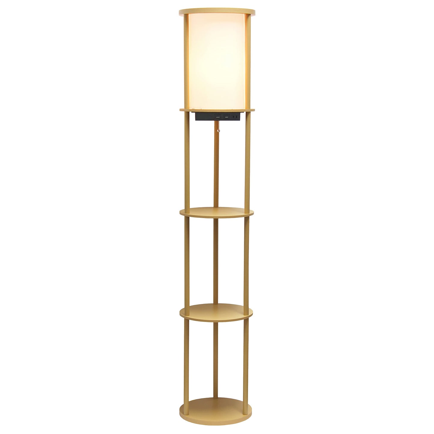 Simple Designs Round Shelf Etagere Floor Lamp with USB Ports, 62.5in, Tan, Model LF2010-TAN, Plastic Material