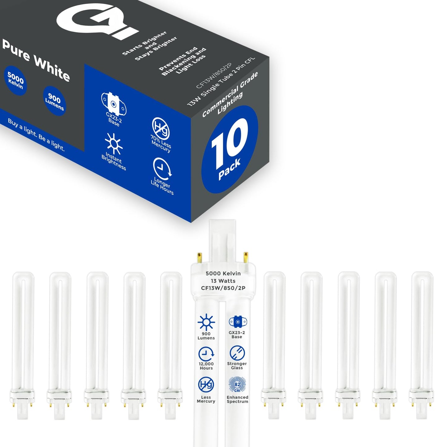 GoodBulb CFL Light Bulbs 13W 800 Lumens 5000K Daylight 2 Pin GX23 Base 10 Count Pack