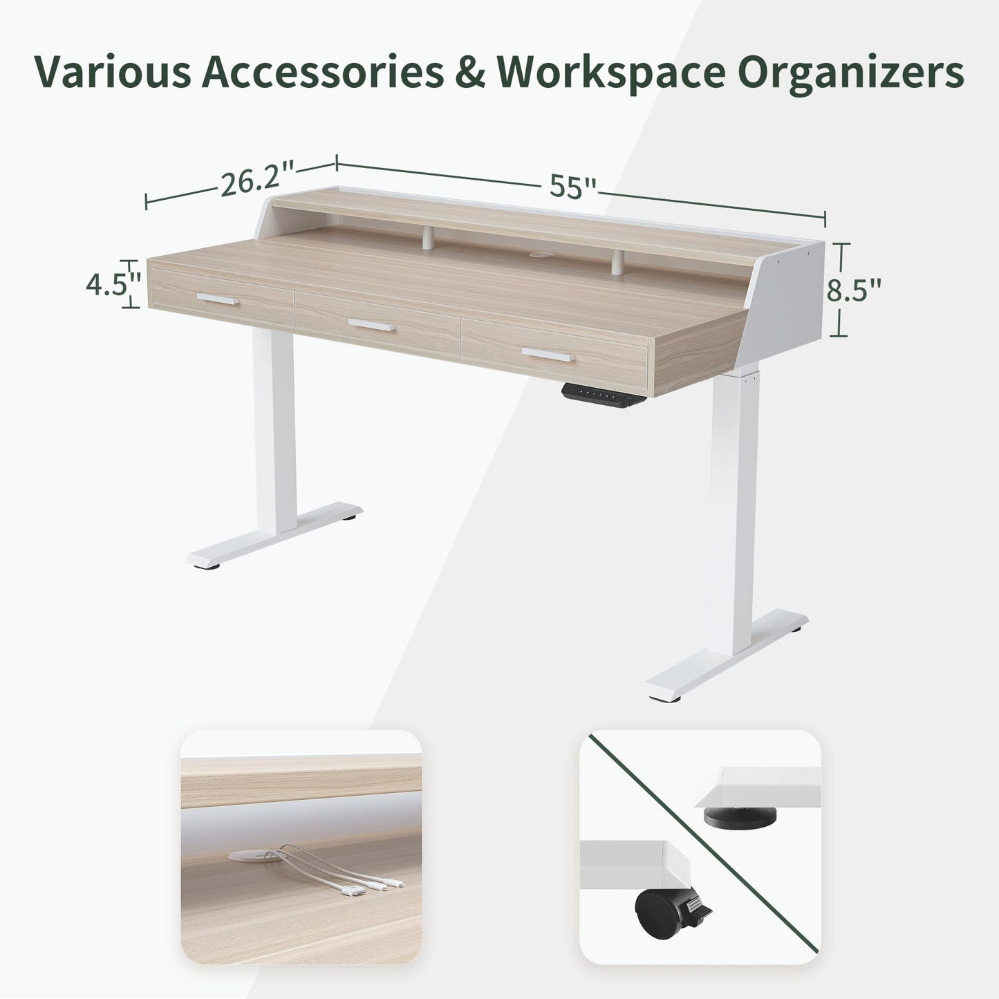 CubiCubi Standing Desk 55x26 Inches with 3 Wood Drawers and Monitor Shelf, Ergonomic Rising Home Office Desks, Height Adjustable Computer Desk, Sit Stand Up Electric Workstation Table, Light Walnut