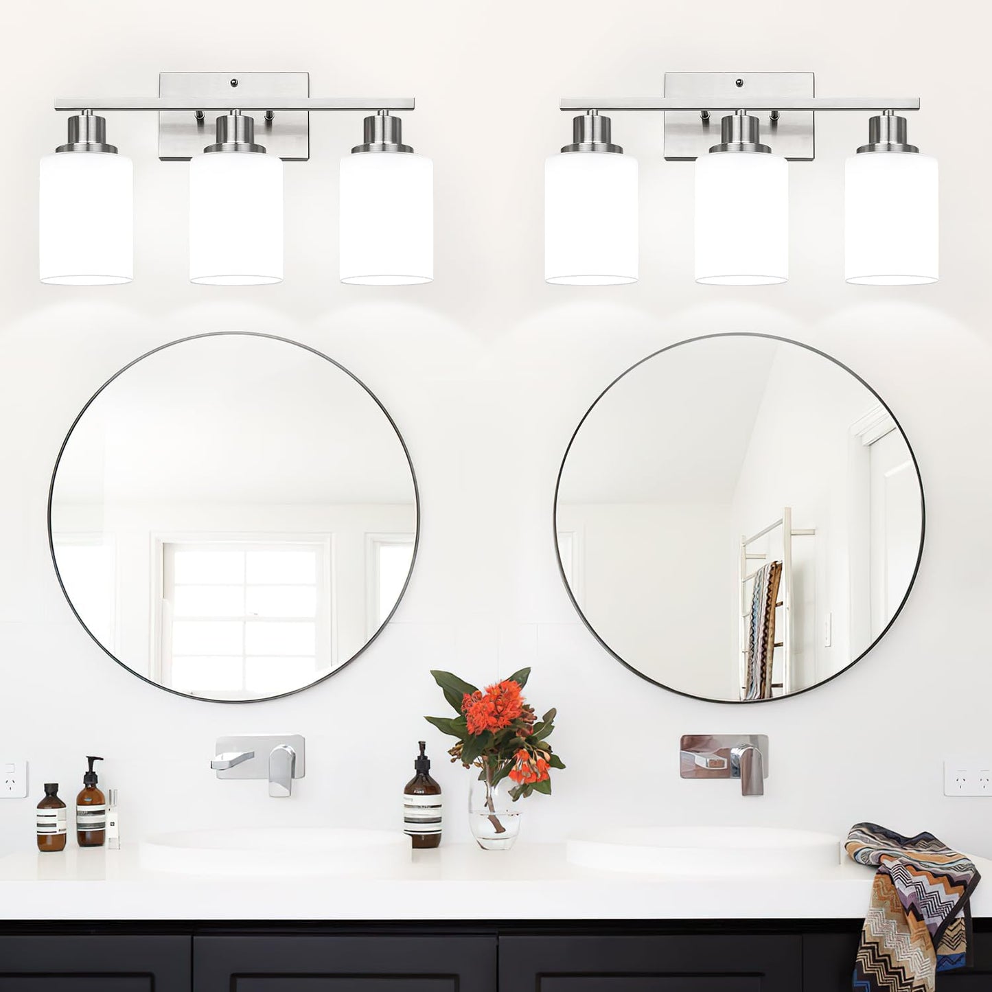 3-Light Bathroom Light Fixtures  Brushed Nickel Vanity Light With Milky White Shades  Bathroom Lighting Fixtures Over Mirror  Modern Bathroom Wall Lamp For Mirror Living Room Cabinet Bedroom