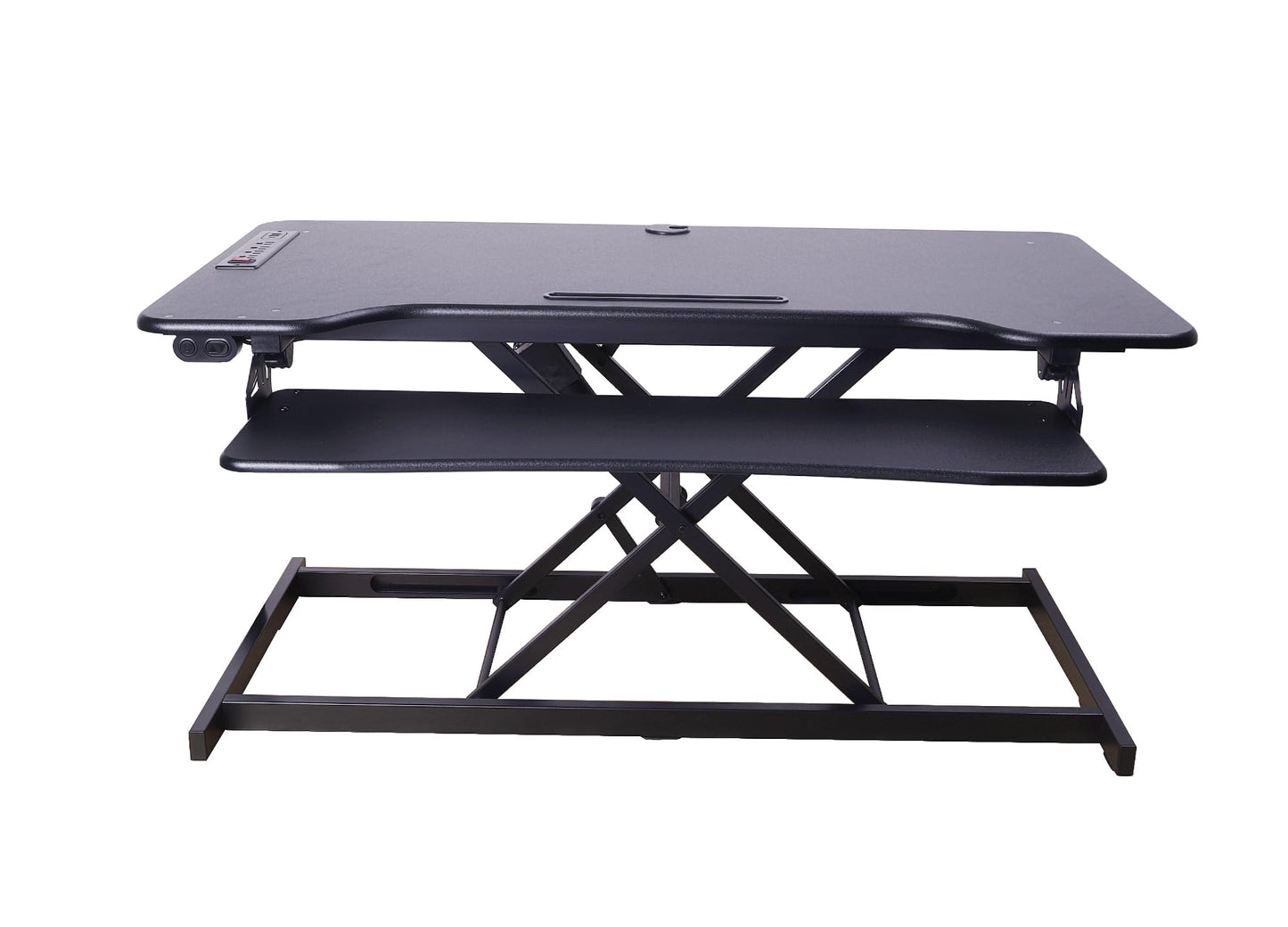 Rocelco 46" Electric Standing Desk Converter with AC Outlet USB Charger - Motorized Height Adjustable Sit Stand Up Triple Monitor Riser - Tabletop Workstation Large Keyboard Tray - Black (R EDRB-46)