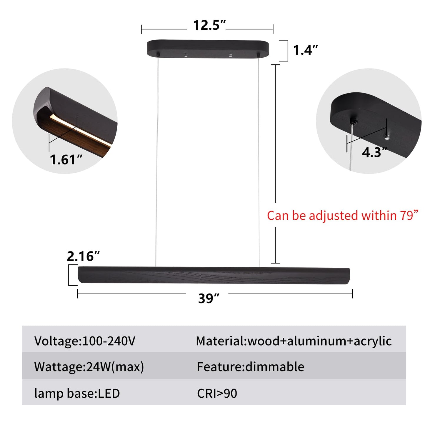 Yisdesign 39Inch Integrated Led Pendant Light 24W Dimmable Wood Linear Pendant Lighting Led Modern Island Light With Black Finish For Kitchen Island Dining Room Billiard & Pool Lights