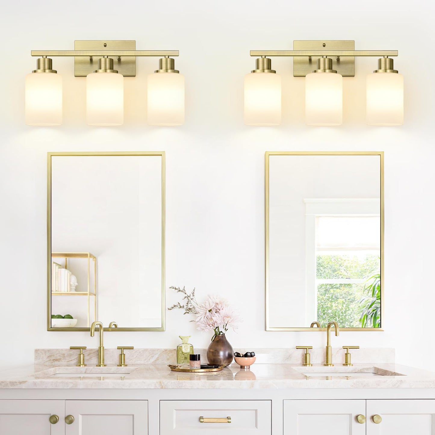 3-Light Bathroom Light Fixtures  Brass Vanity Light With Milky White Shades  Bathroom Lighting Fixtures Over Mirror  Modern Bathroom Wall Lamp For Mirror Living Room Cabinet Bedroom